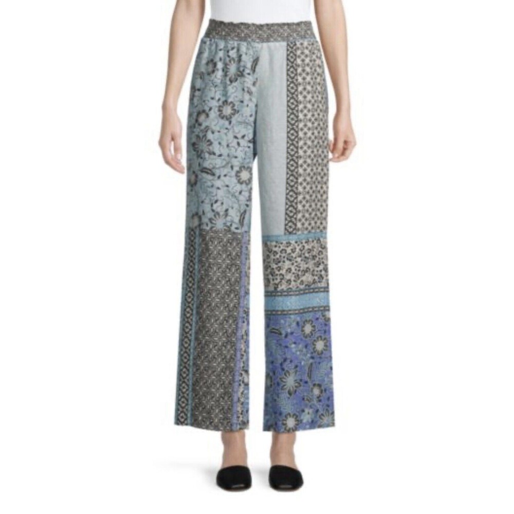 Johnny Was Casablanca Blue Floral Patchwork Linen Lounge Pant Slit Wide Leg XS